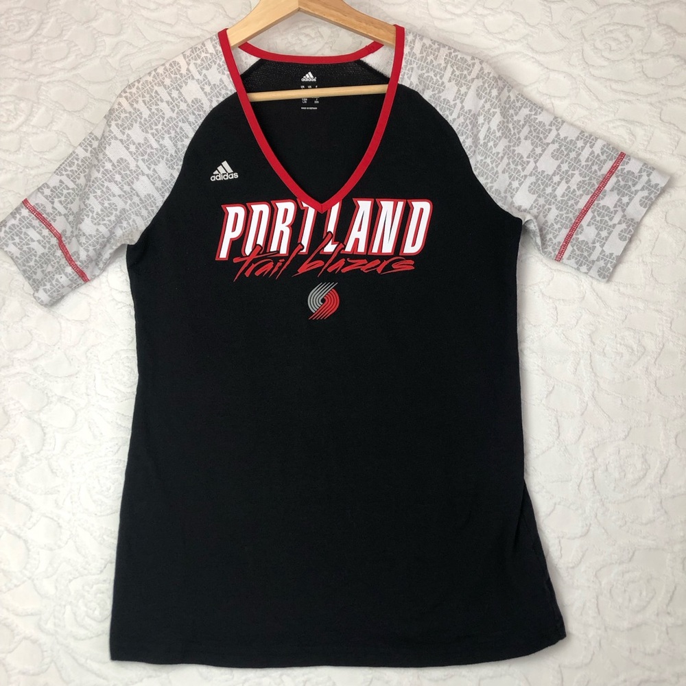 Adidas Portland Trail Blazers Women V Neck T-Shirt Black/Gray Short Sleeve Sz L